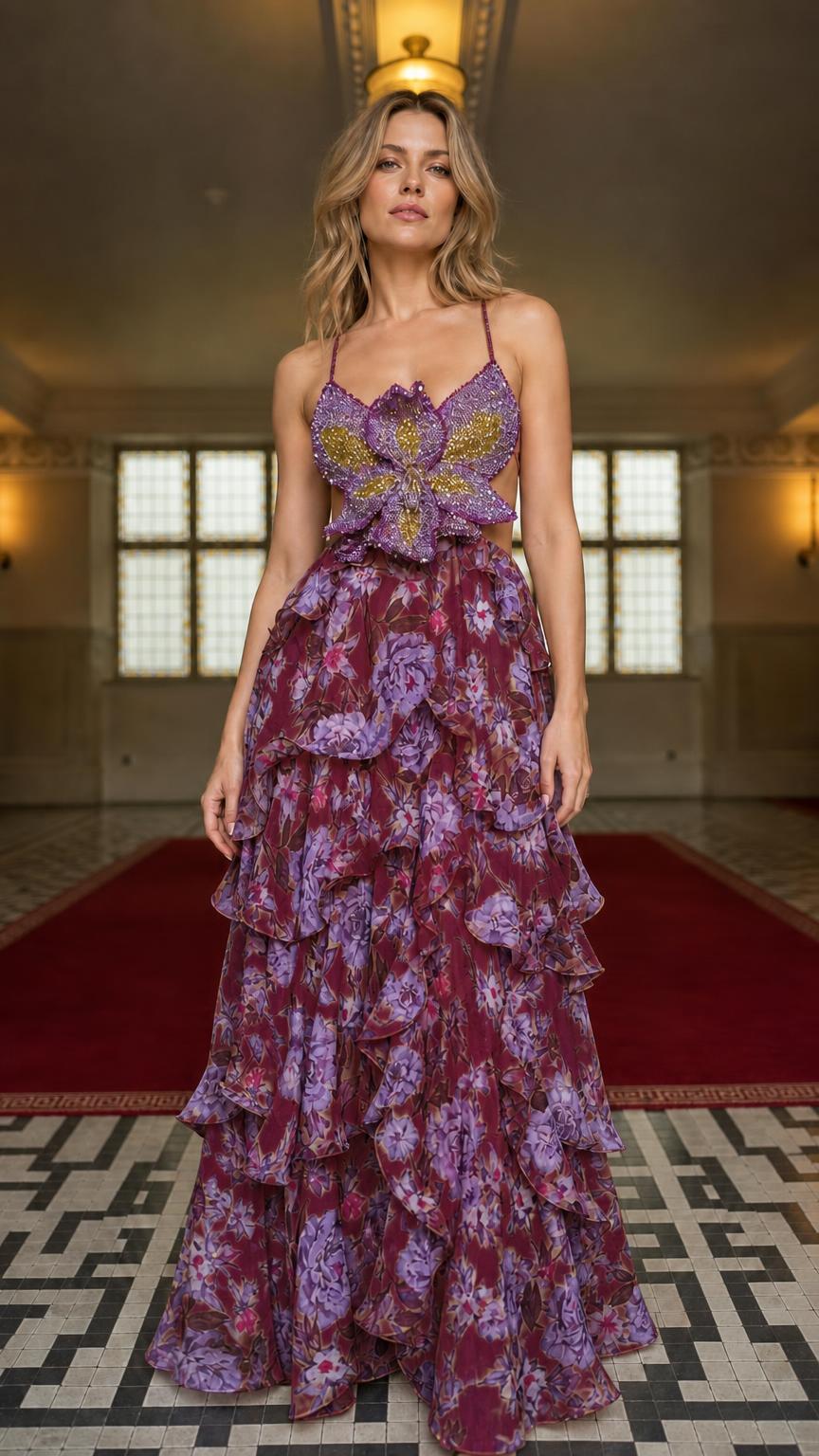 Model wearing burgundy floral ruffle maxi dress with beaded bodice