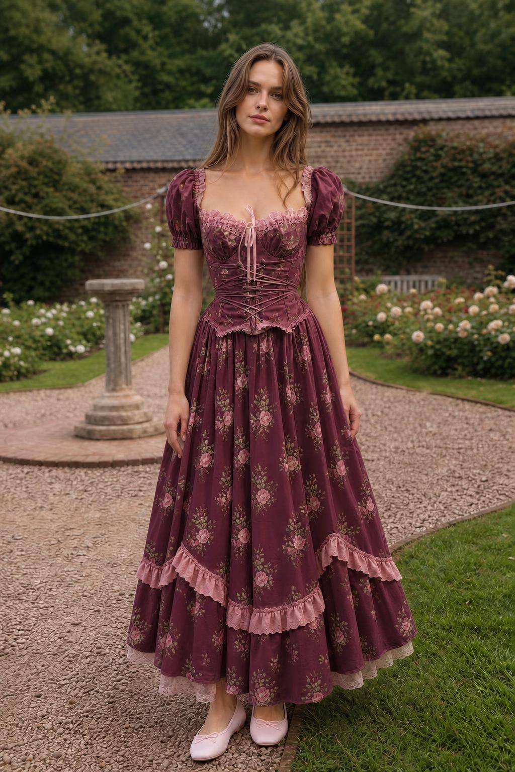 Full-length front view of burgundy floral corset maxi dress