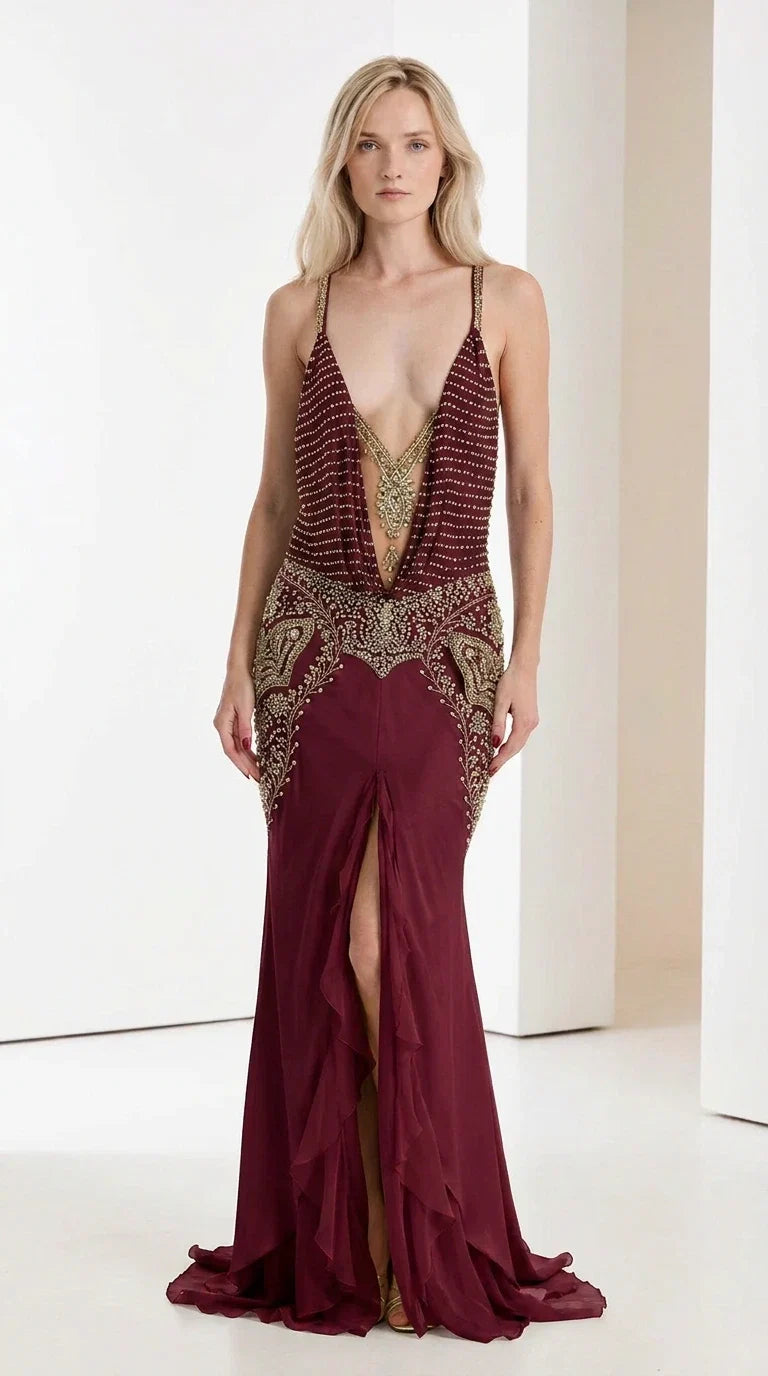 Front view of burgundy embellished evening gown