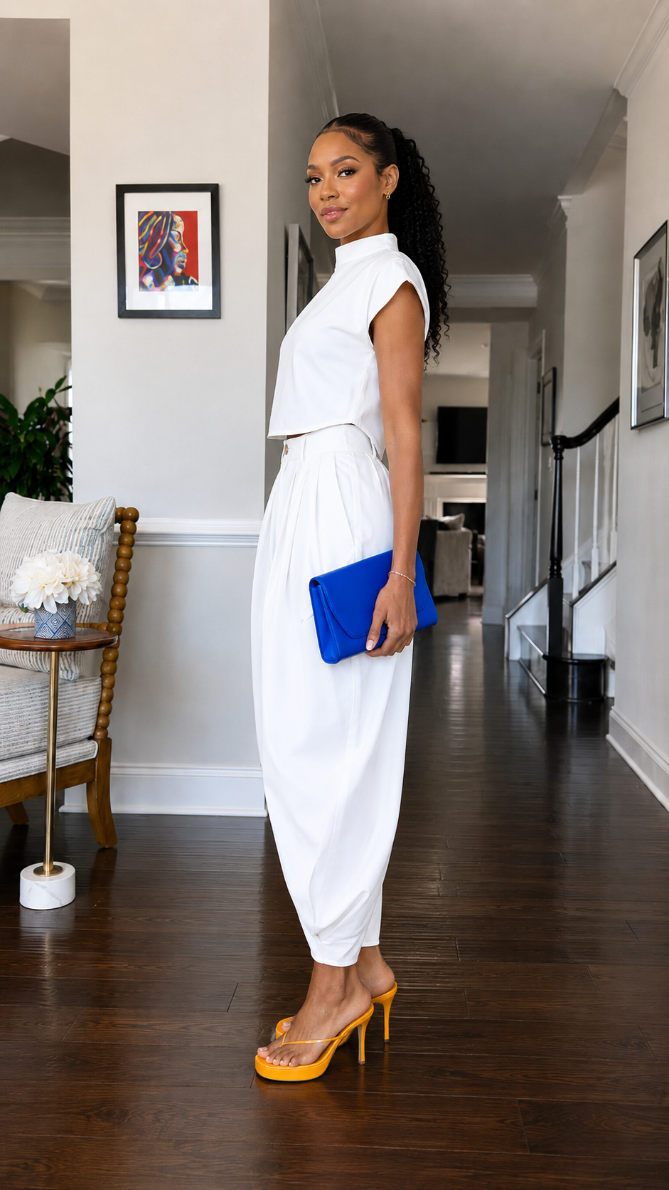 Side view of white mock neck cap sleeve harem jumpsuit showing waist and tapered leg shape