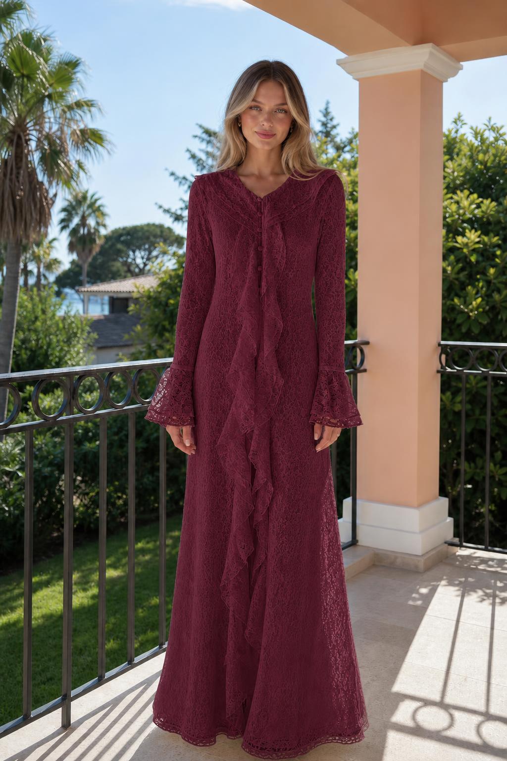 Front view of woman wearing burgundy long sleeve lace ruffle maxi dress