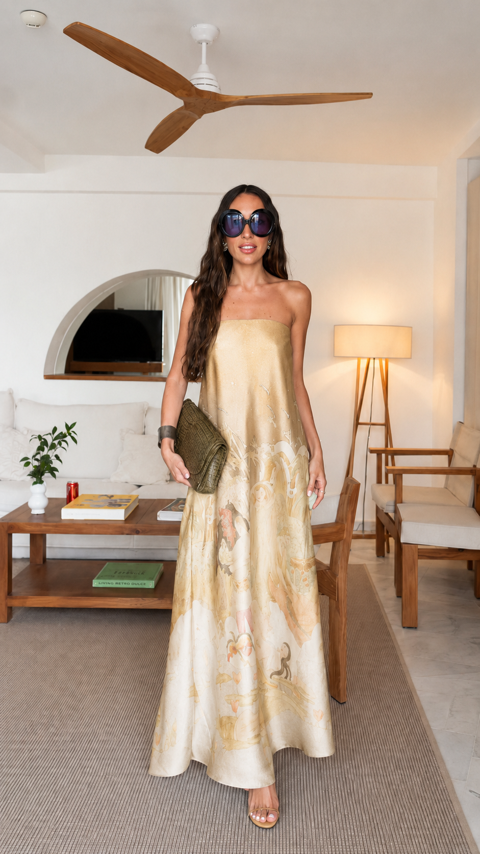 Front view of champagne strapless satin-look scenic print maxi dress