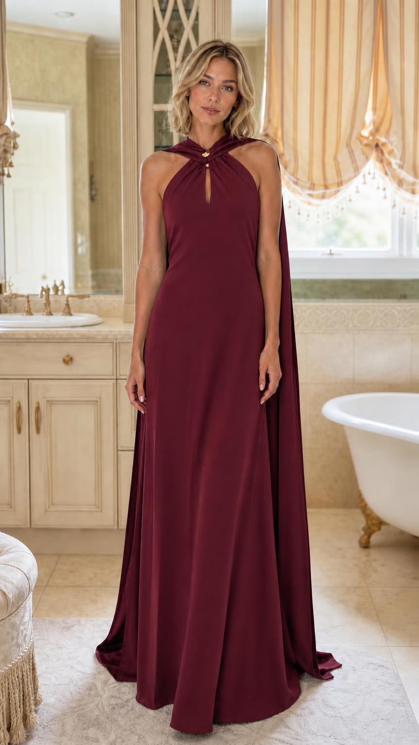 Front view of burgundy evening dress