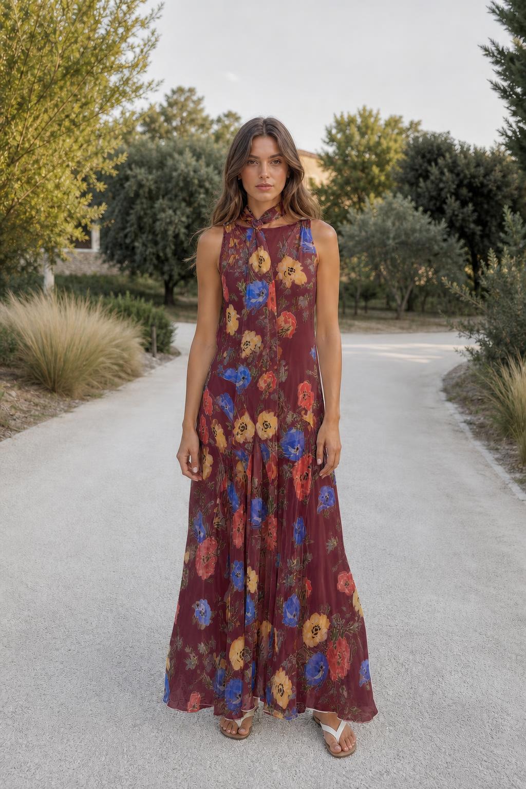 Model wearing burgundy floral halter maxi dress outdoors
