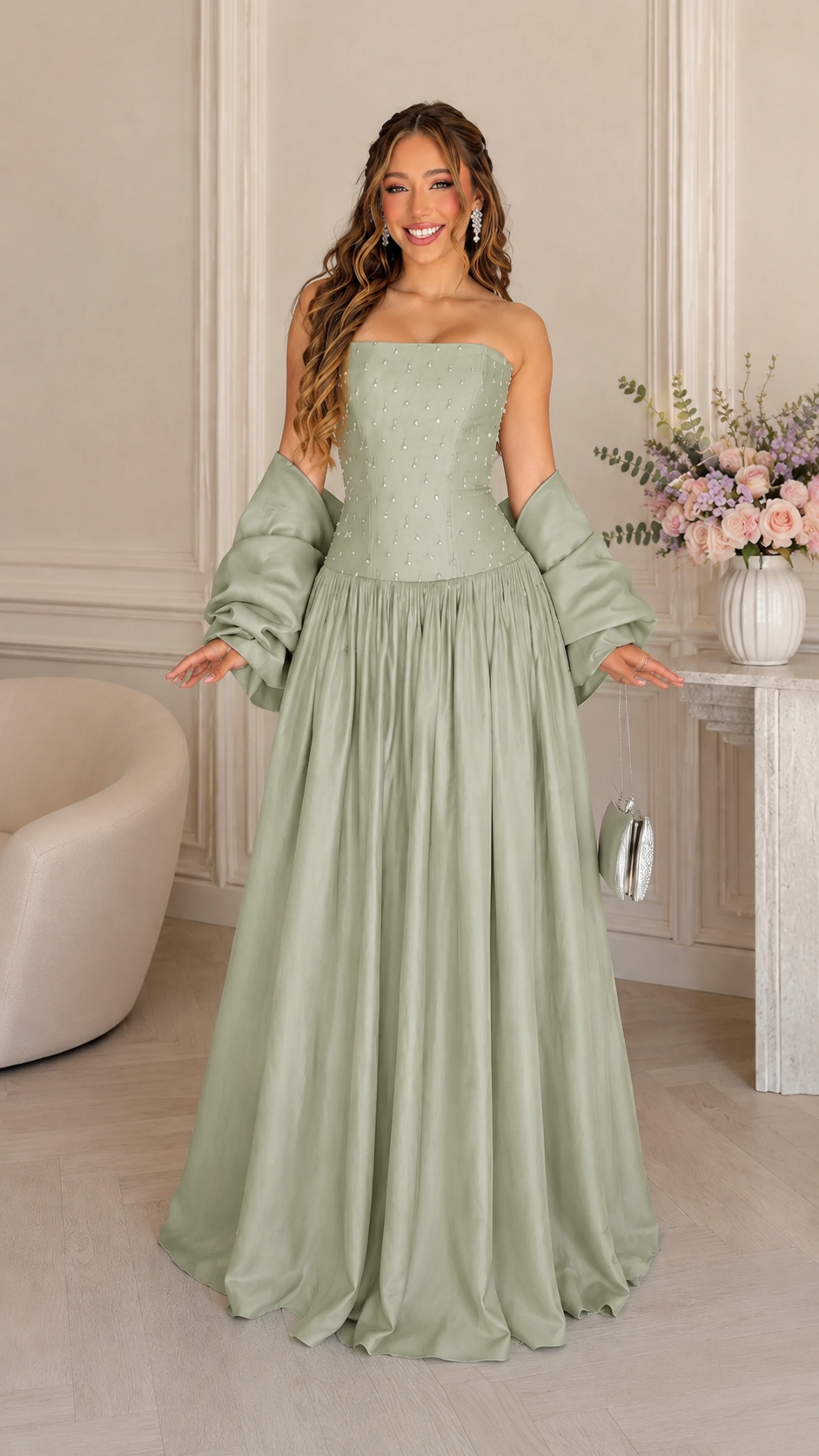 Front view of sage strapless beaded bodice maxi gown with matching shawl