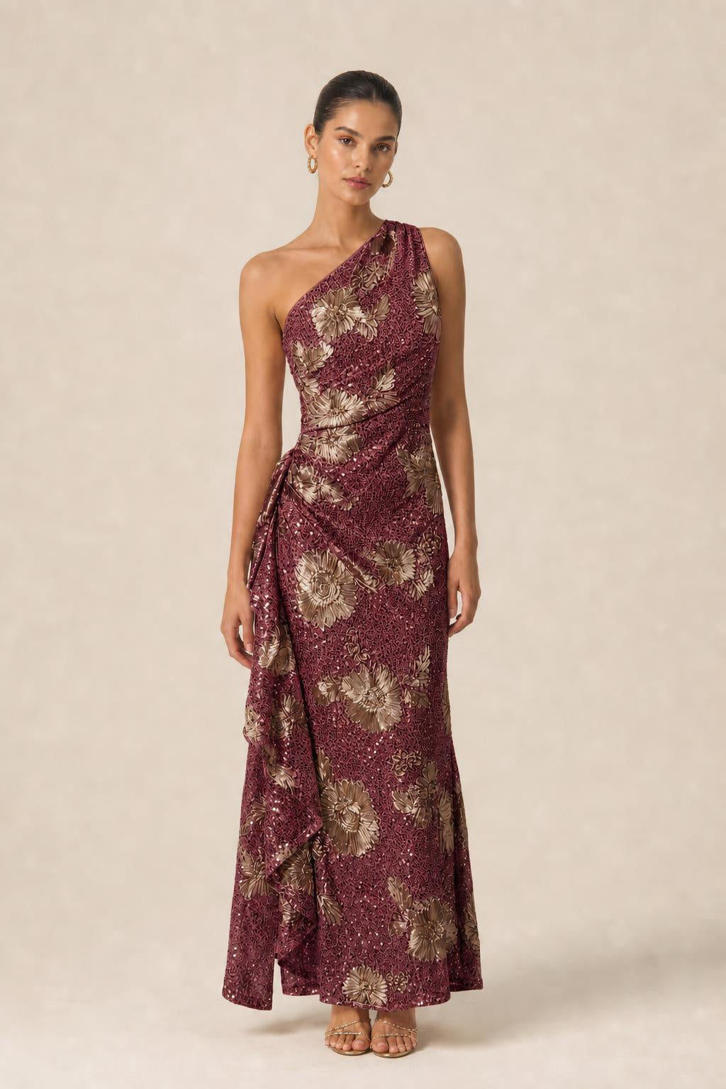 Burgundy color variant of one-shoulder floral sequin evening gown
