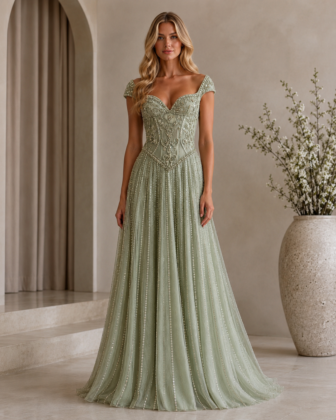 Sage green beaded sweetheart cap sleeve floor-length A-line evening gown front view