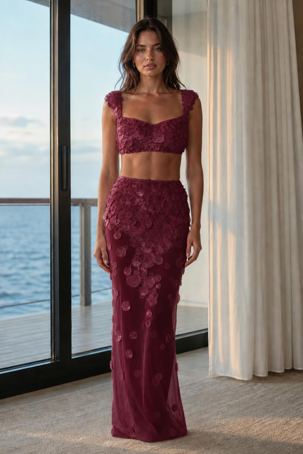 Front view of Burgundy two-piece set