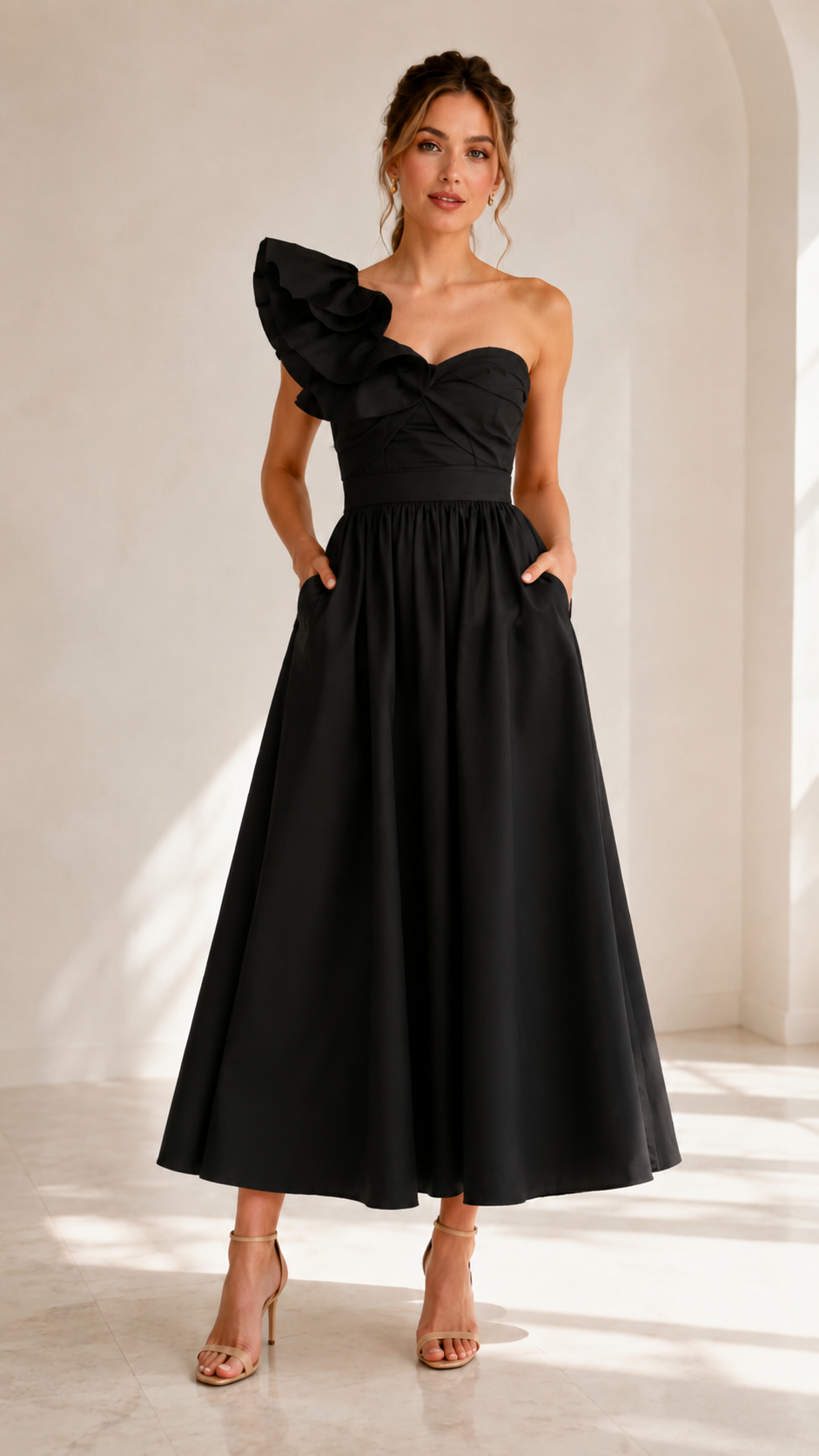 Front view of black one-shoulder ruffle midi dress