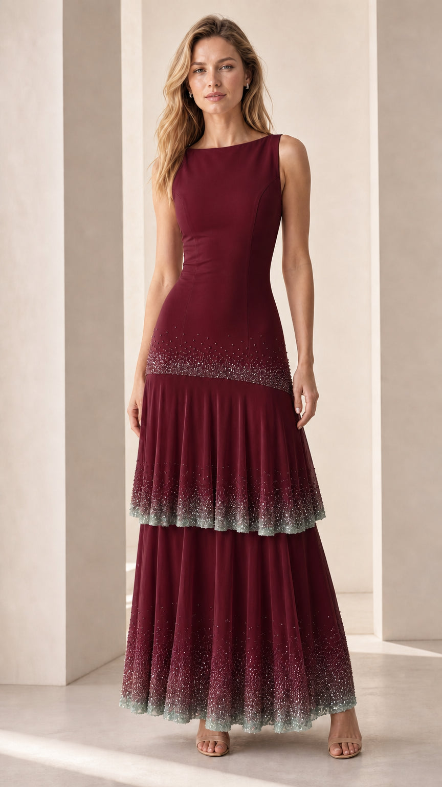 Full-length view of model in burgundy sequin-trimmed tiered maxi dress