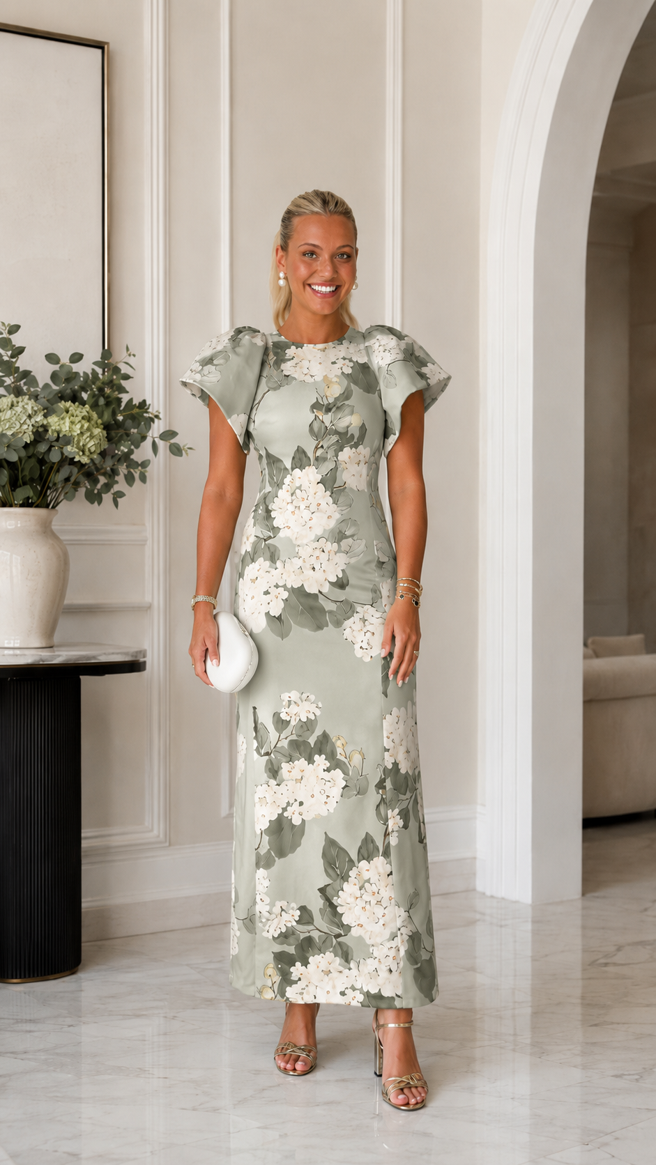 Front view of sage floral flutter sleeve maxi dress