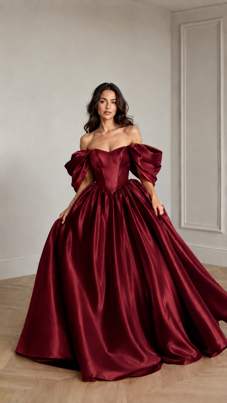 Front view of burgundy off-shoulder puff sleeve evening ball gown