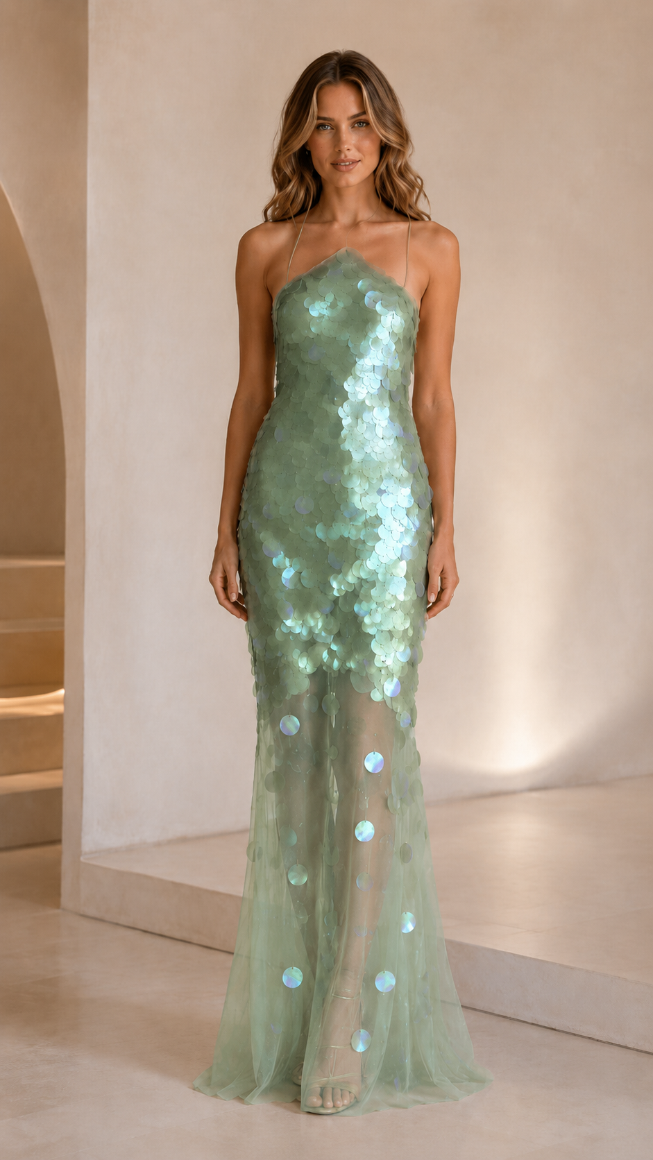 Front view of sage green sequin formal gown with mermaid silhouette