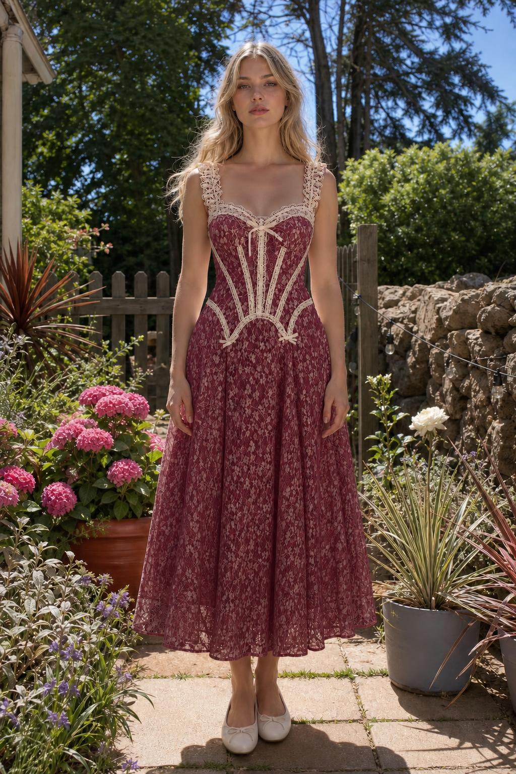 Front view of burgundy lace corset midi dress