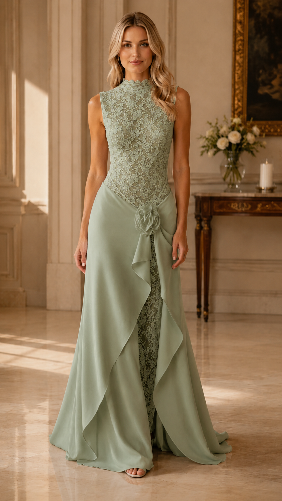 Front view of sage sleeveless lace mock neck gown with soft ruffle front detail