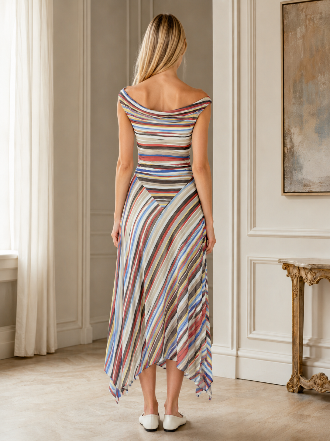 Back view of multicolor striped off-shoulder handkerchief hem dress