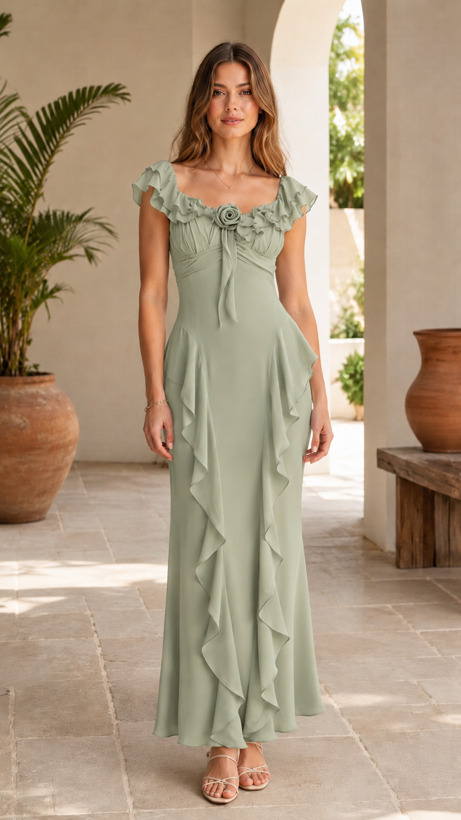 Front view of sage green maxi dress with ruffle neckline and maxi length skirt