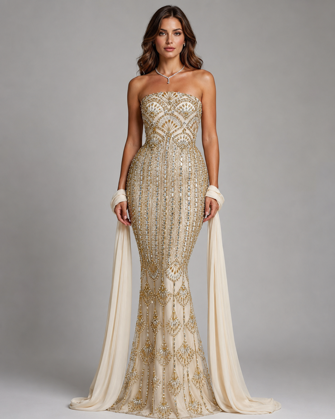 Front angle of champagne beaded evening dress with fitted bodice and flared hem