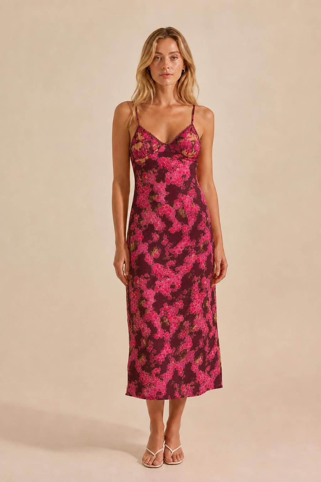 Front view of burgundy floral midi slip dress