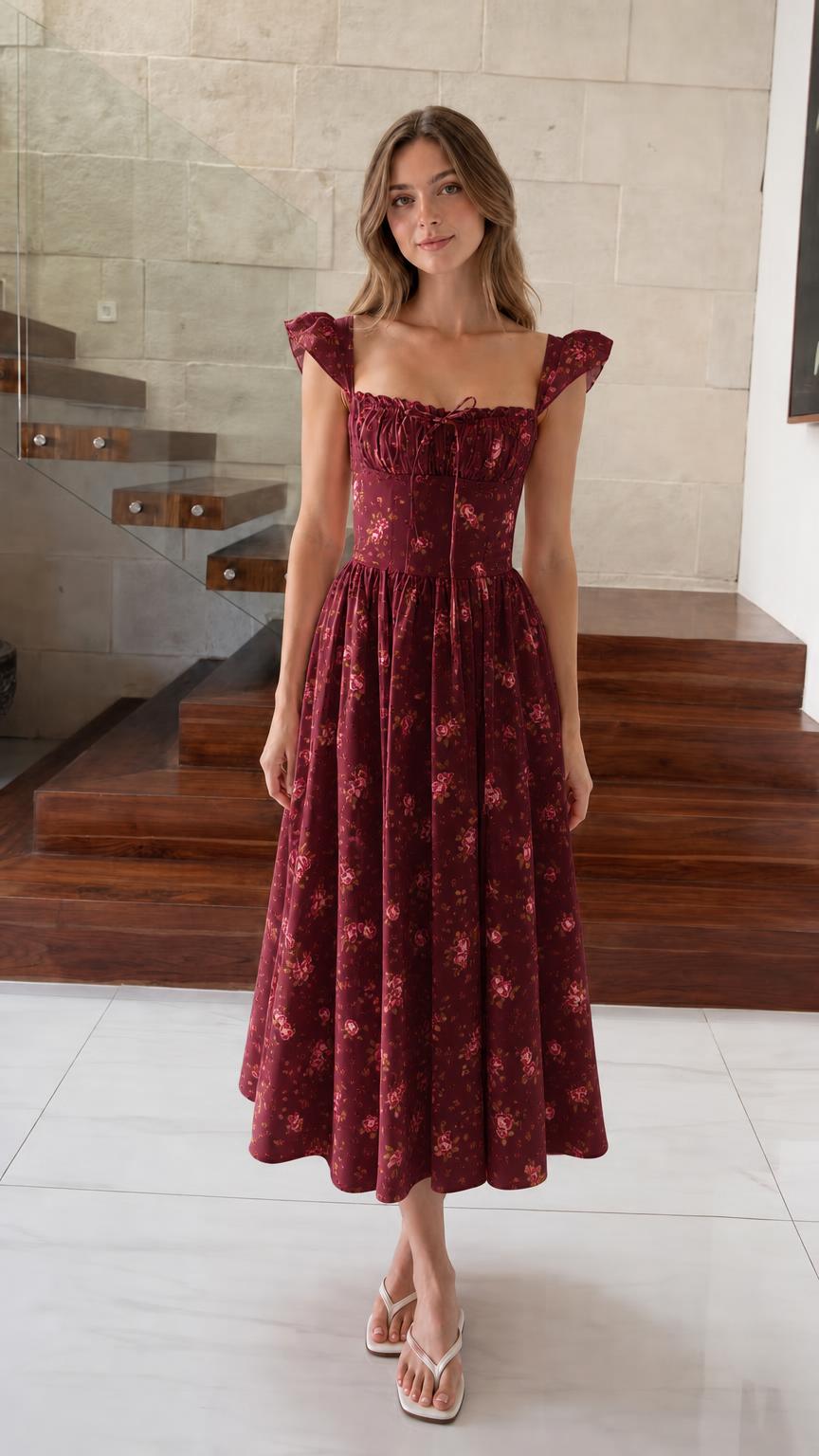 Front view of model wearing burgundy floral midi dress
