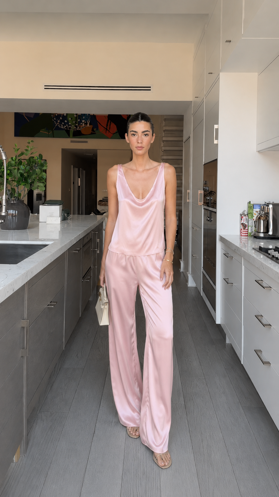 Full front view of blush pink satin-look cowl neck pants set