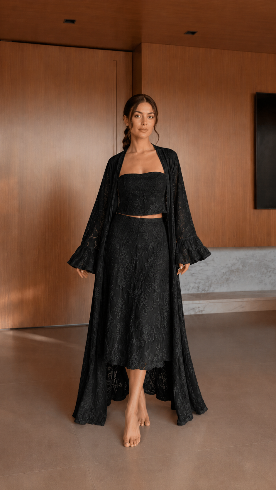 Front view of black textured 3-piece matching set with bell sleeves