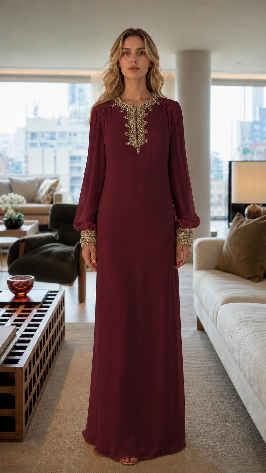 Front view of woman wearing burgundy embroidered long sleeve maxi dress