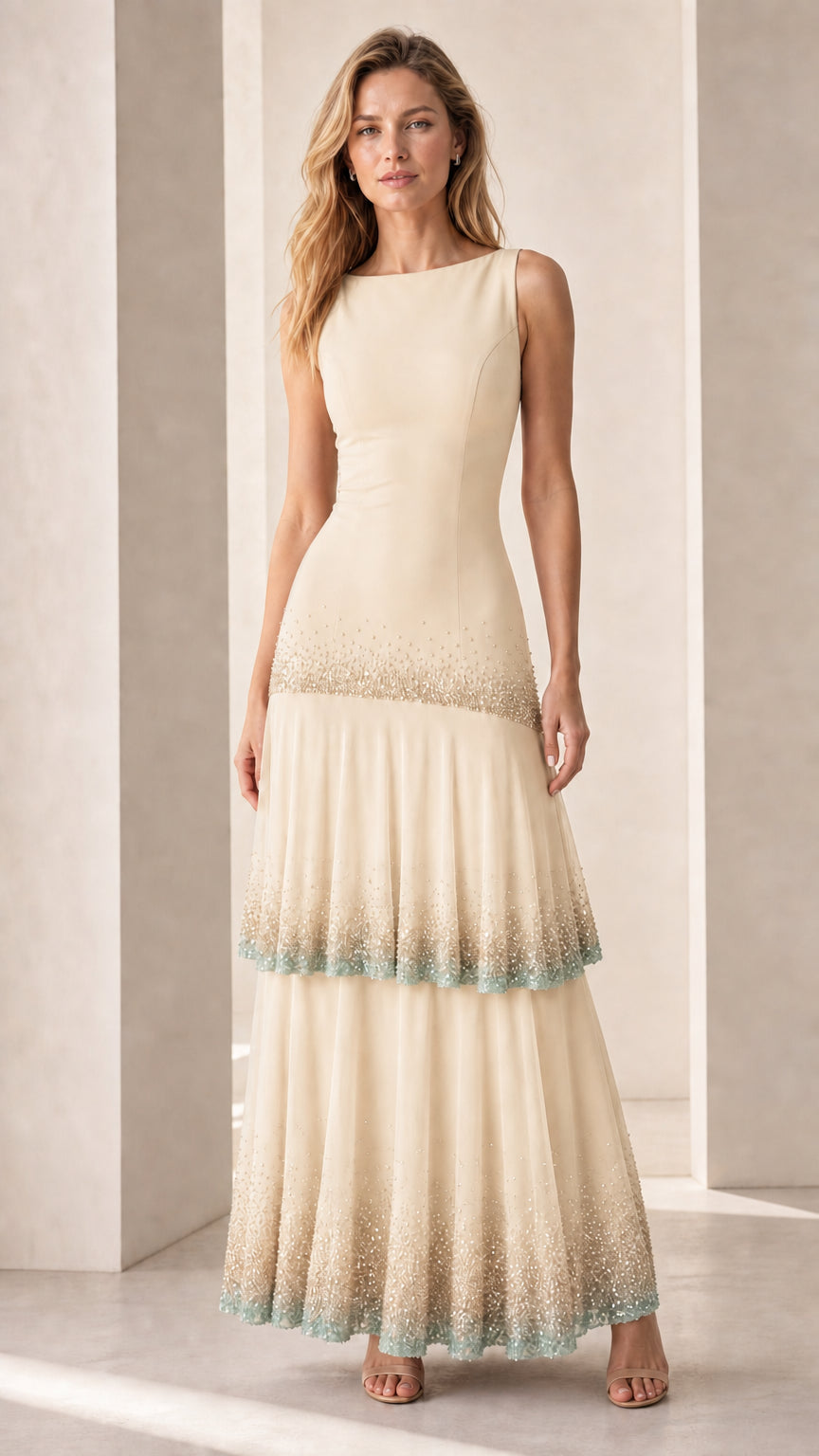 Full-length view of model in champagne sequin-trimmed tiered maxi dress