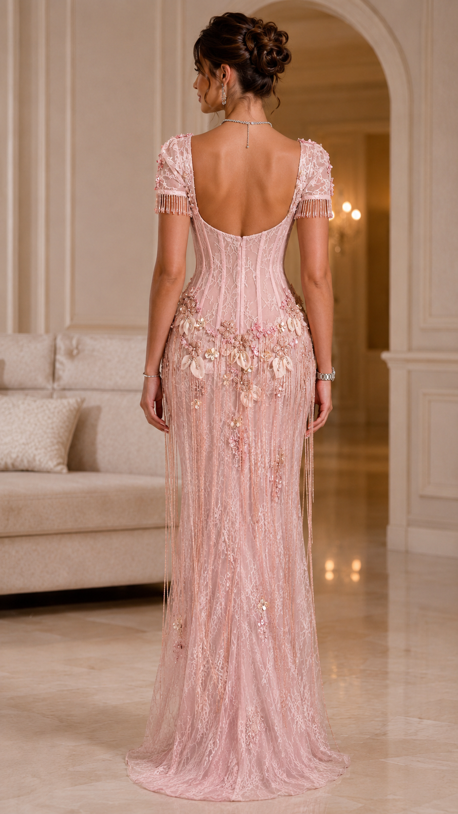 Back view of blush pink mermaid evening gown with low scoop back