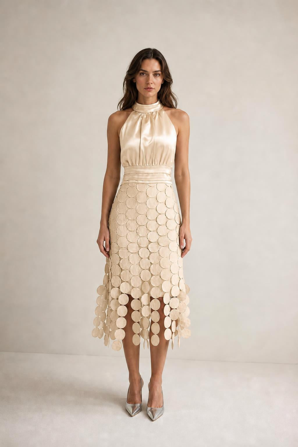 Front view of champagne satin halter neck midi dress