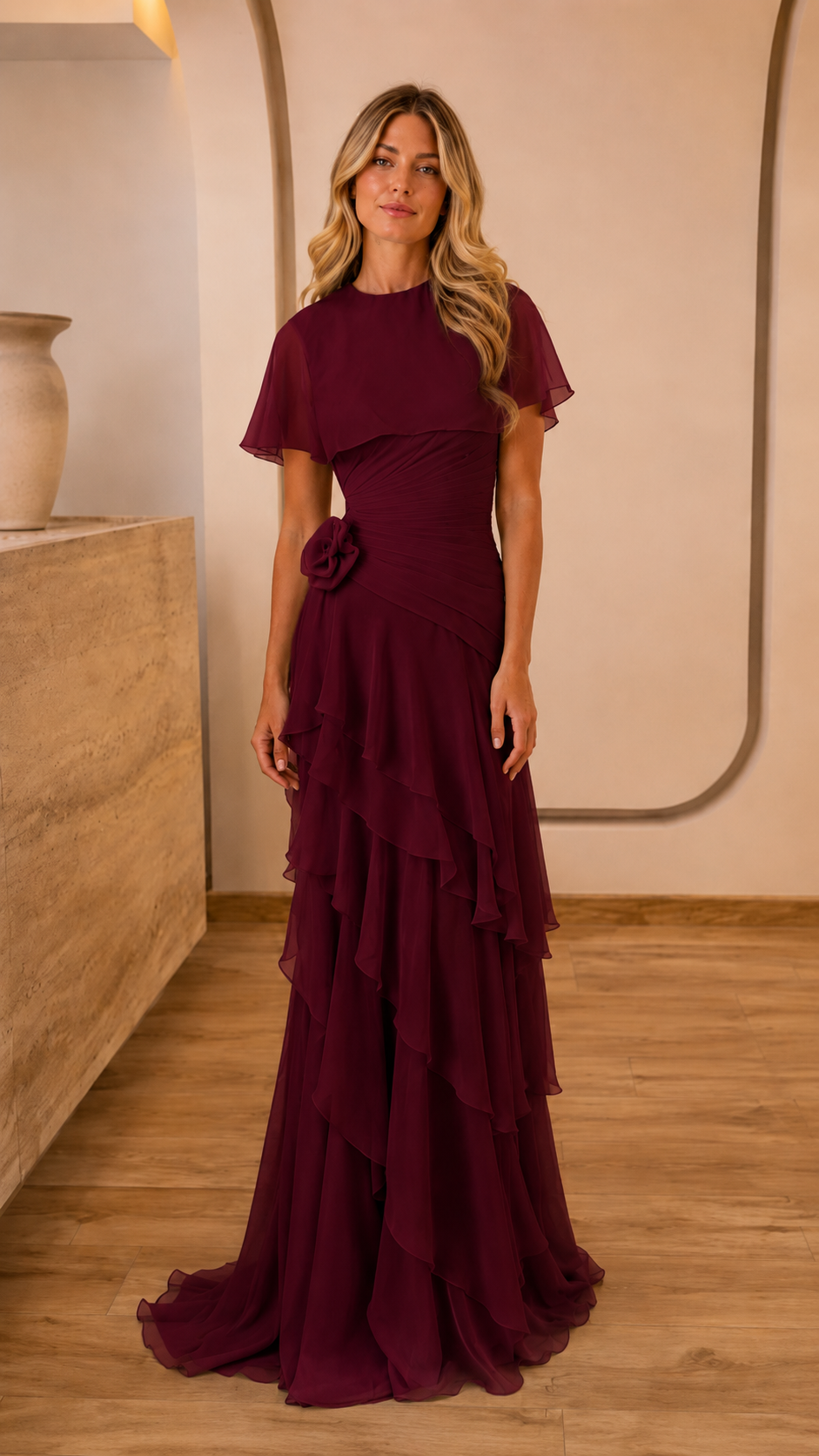 Front view of burgundy flutter sleeve tiered ruffle maxi dress
