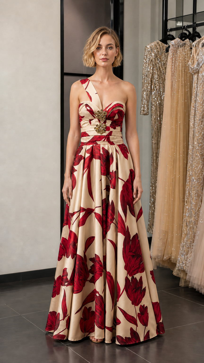 Model wearing cream and red floral variant evening gown