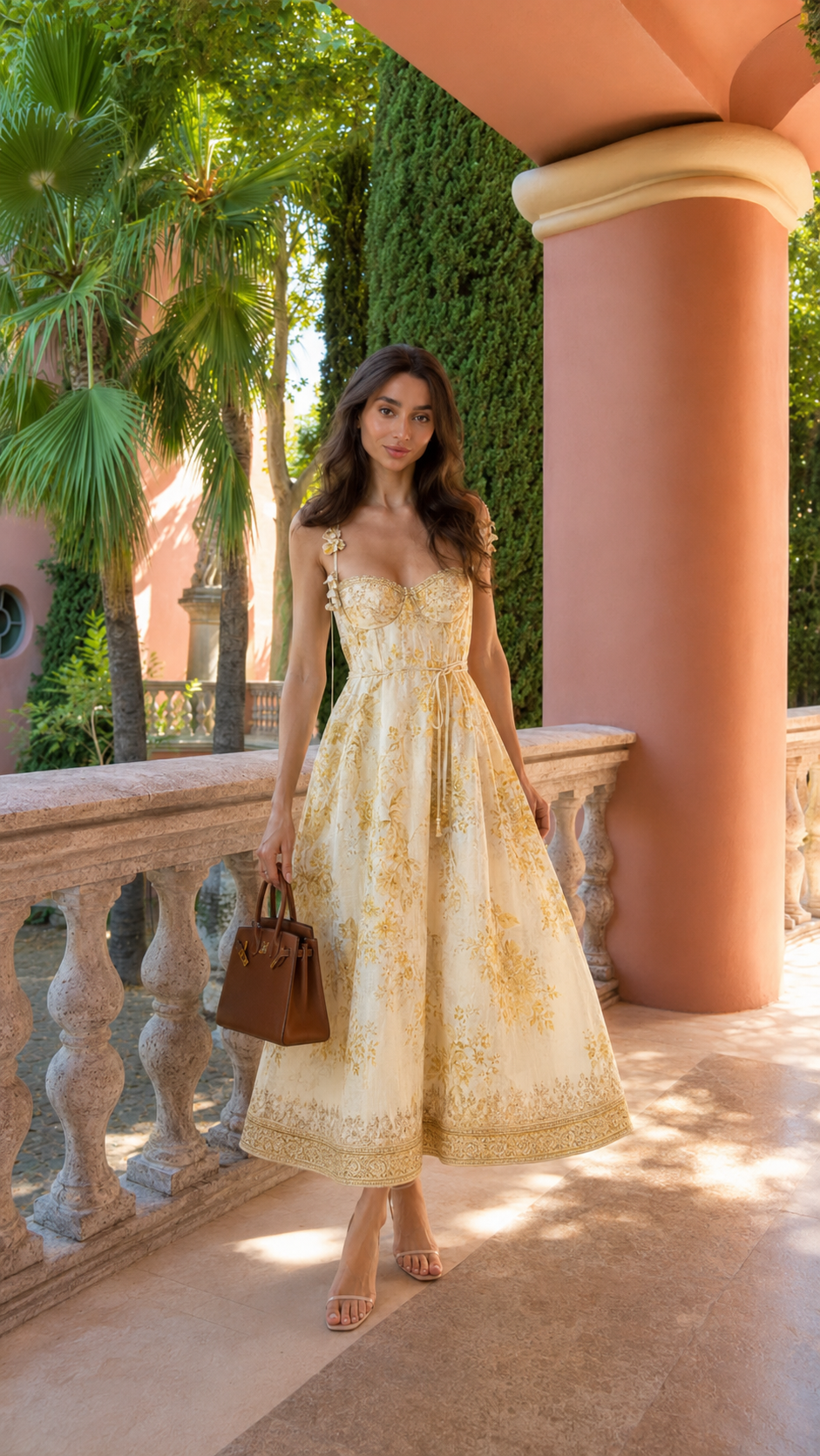 Front view of butter yellow floral midi dress with fitted bodice and full skirt