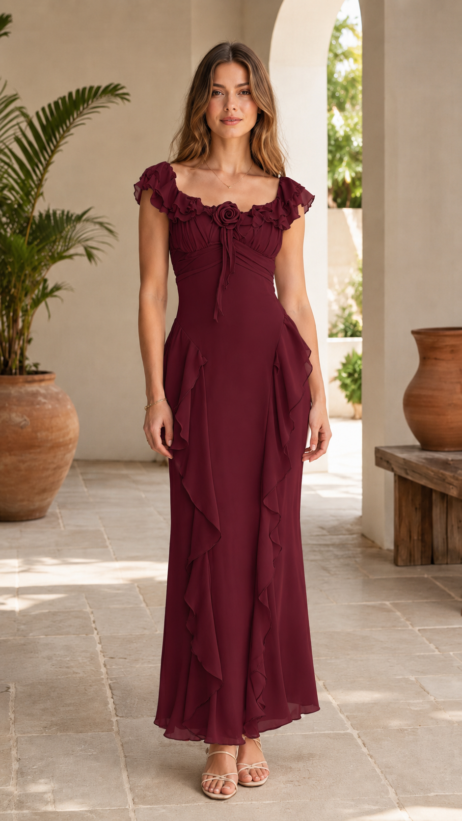 Front view of burgundy maxi dress with ruffle trim and soft drape