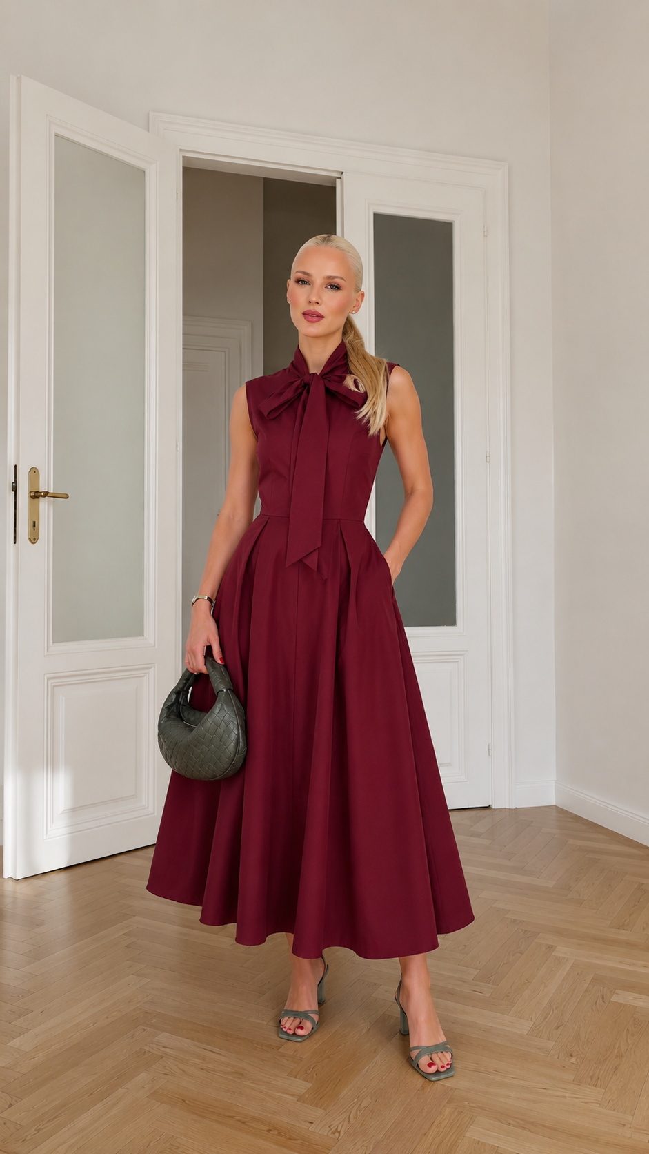 Front view of burgundy sleeveless bow neck midi dress
