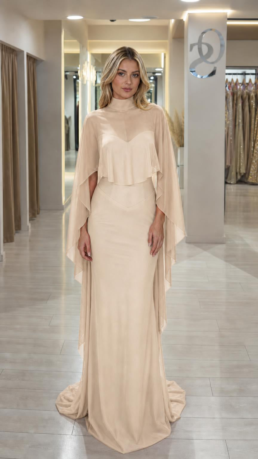 Front view of champagne chiffon cape evening maxi dress