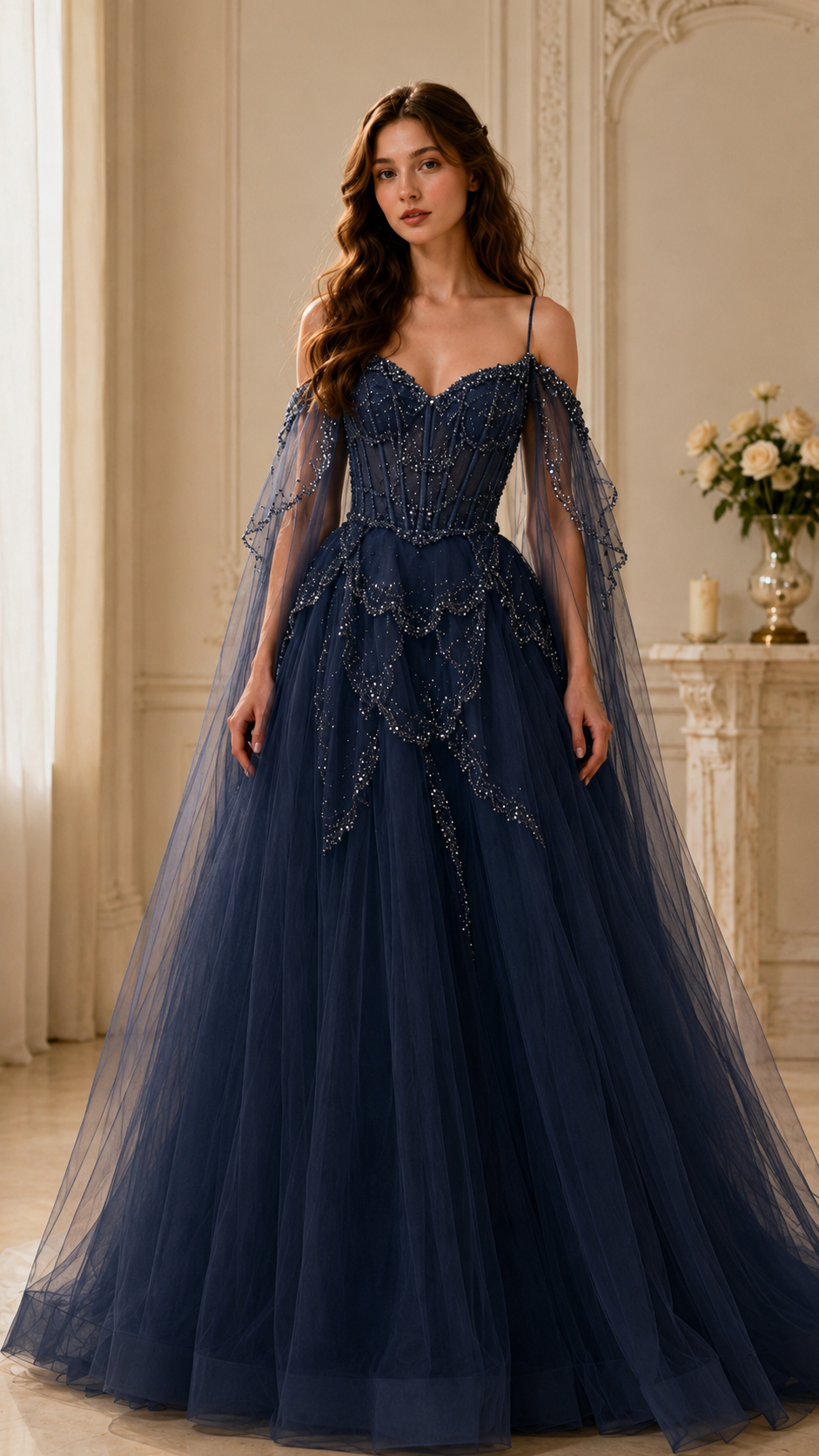 Front view of navy off-shoulder glitter tulle formal dress