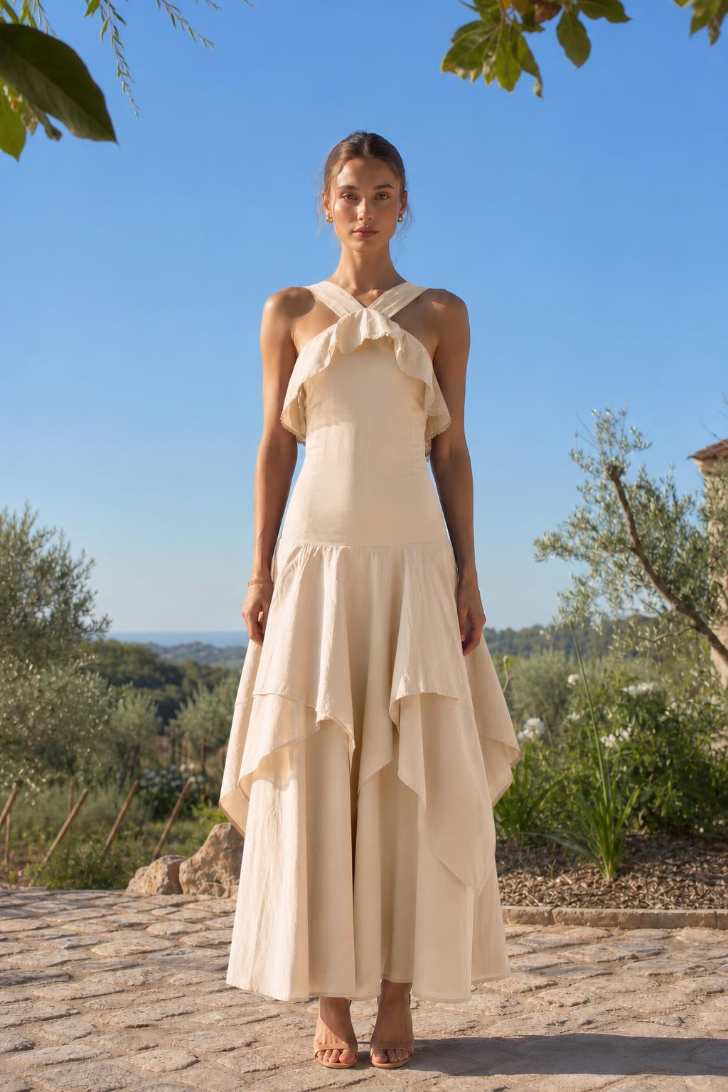 Front view of woman wearing beige halter neck ruffled maxi dress
