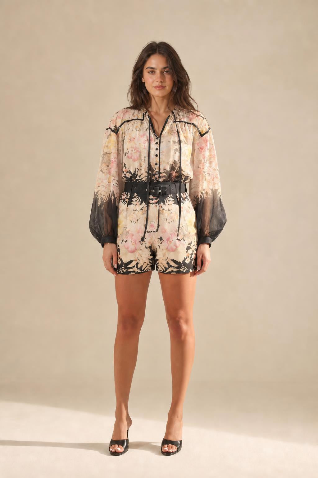 Beige floral romper variant front view