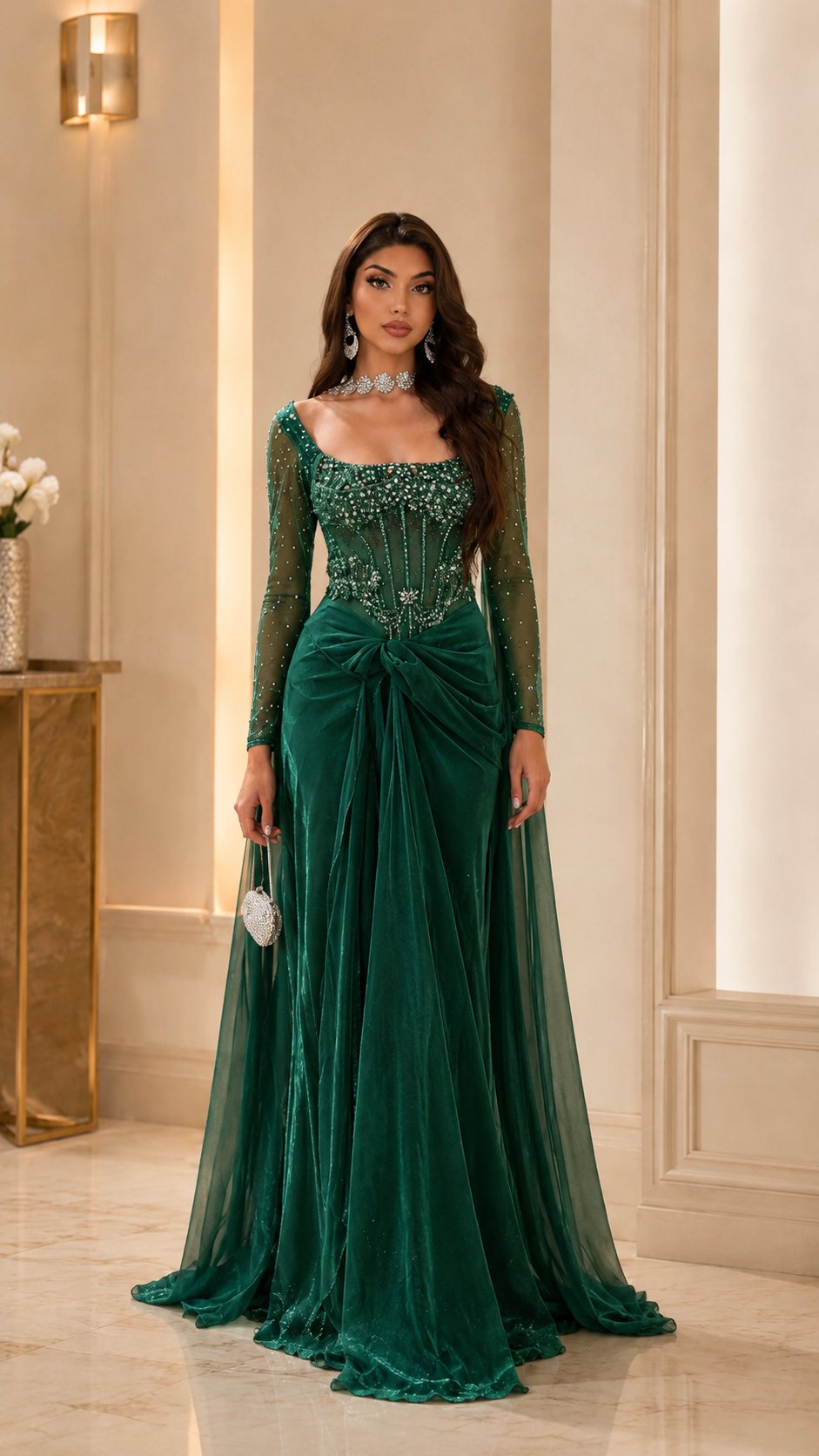 Emerald embellished square neck long sleeve evening gown with draped floor-length skirt