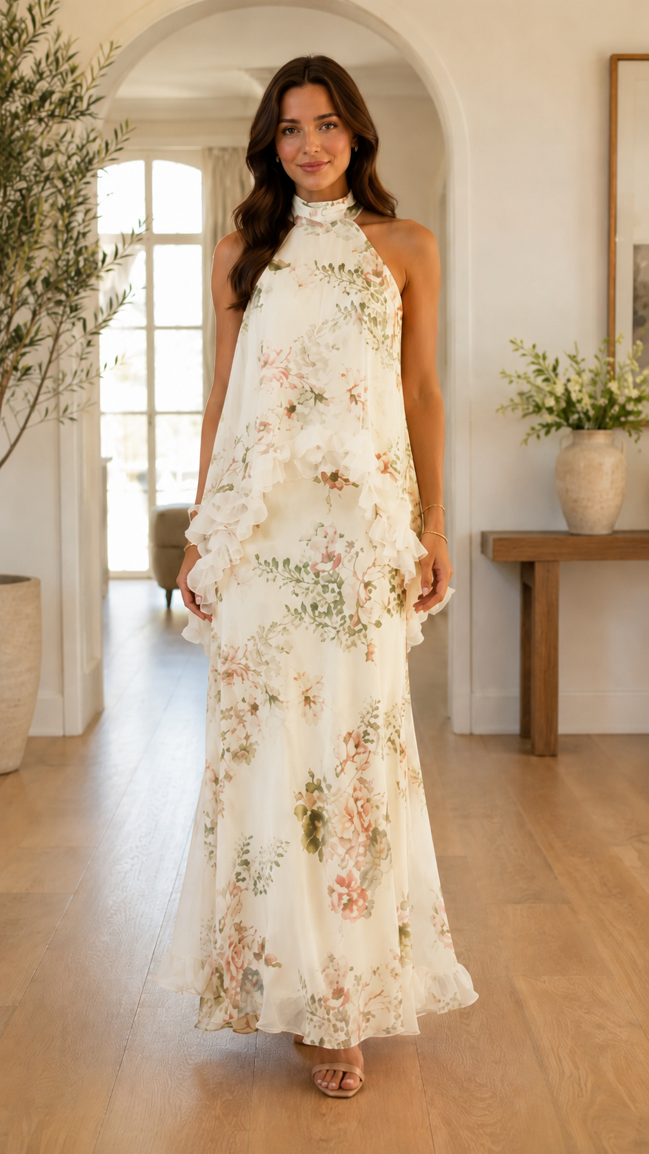 Front view of ivory floral halter neck maxi dress with layered chiffon-like drape