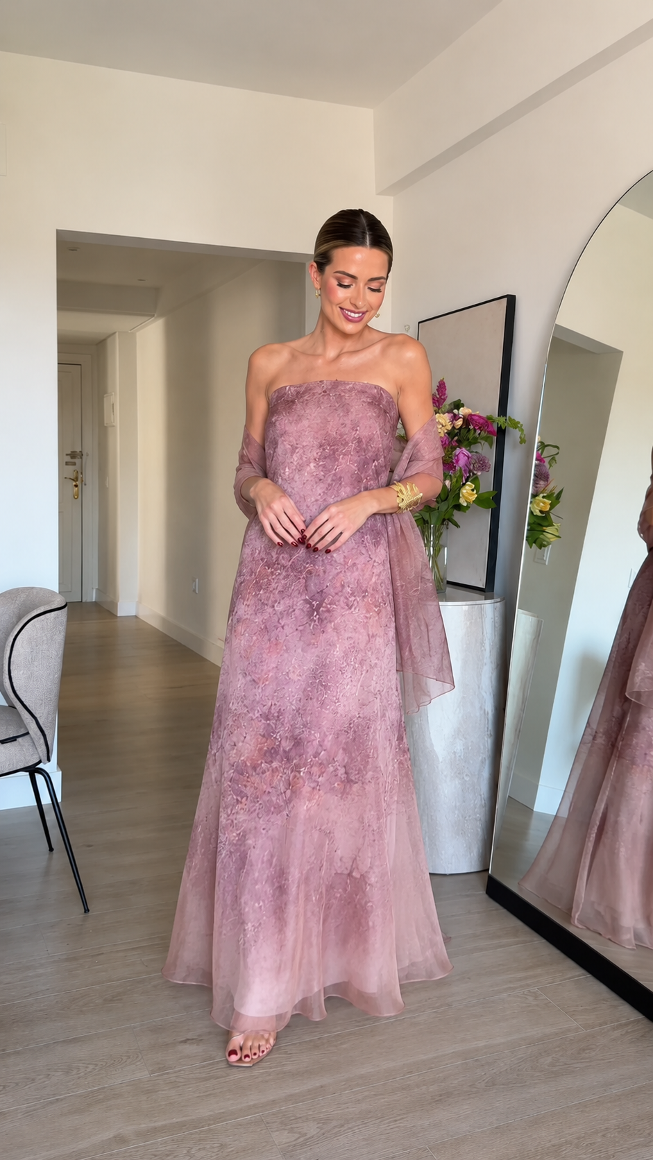 Blush pink strapless ombre gown with matching sheer shawl