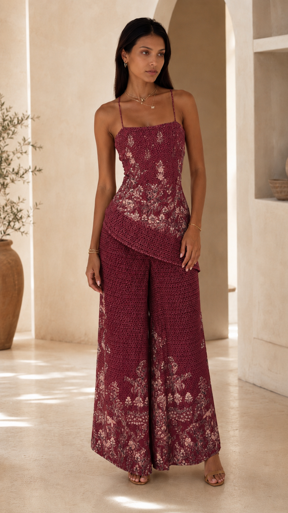 Front view of wine embroidered cami top and wide leg pants set