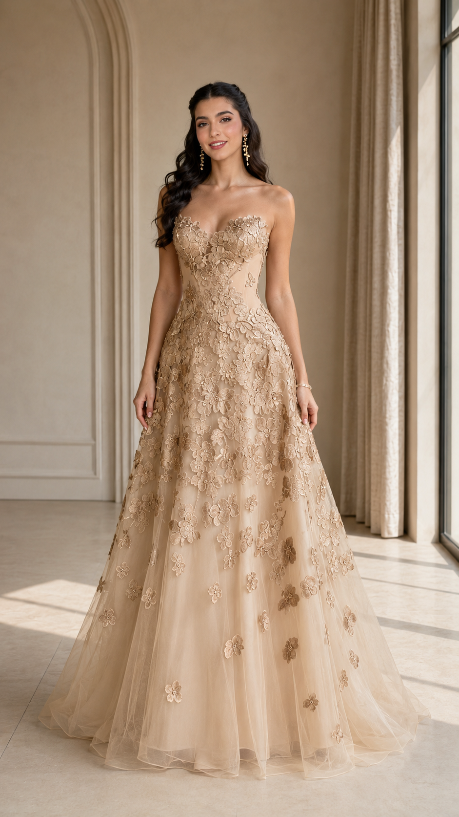 Front view of champagne floral appliqué strapless formal gown