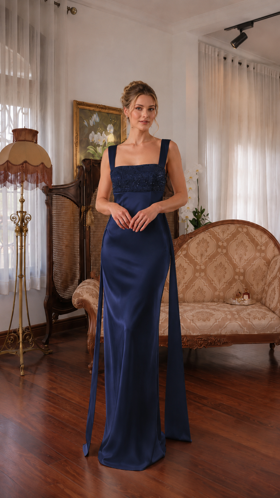 Navy blue satin-look maxi dress with square neckline and embellished bodice