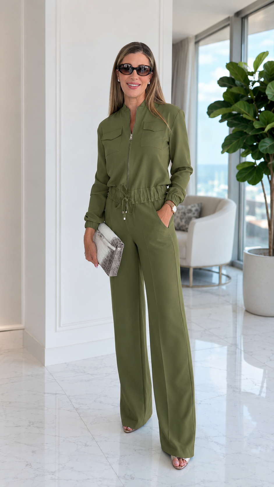 Front view of olive zip front drawstring waist wide leg jumpsuit