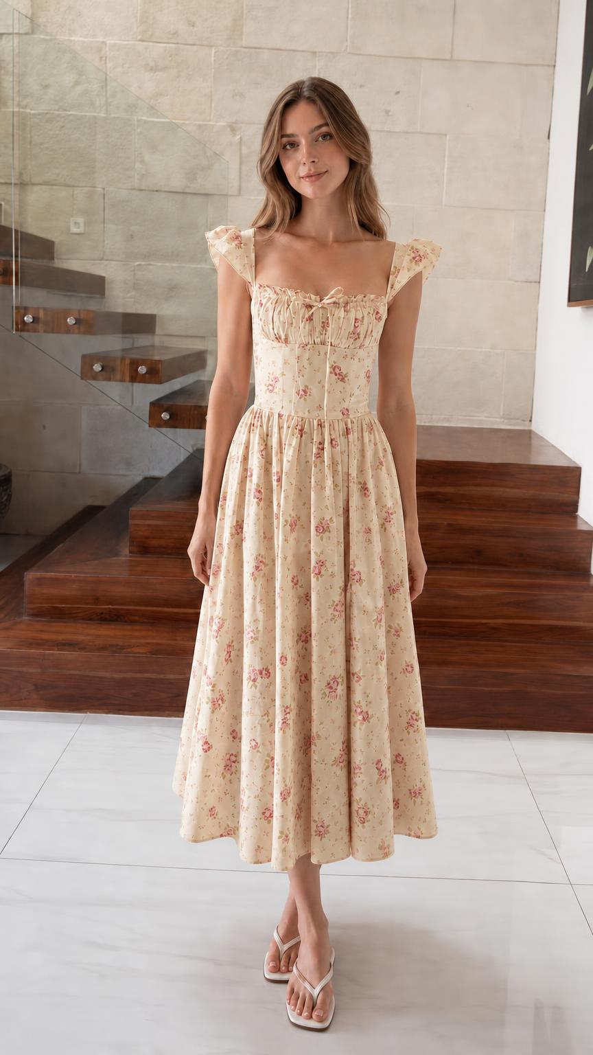 Front view of model wearing beige floral midi dress