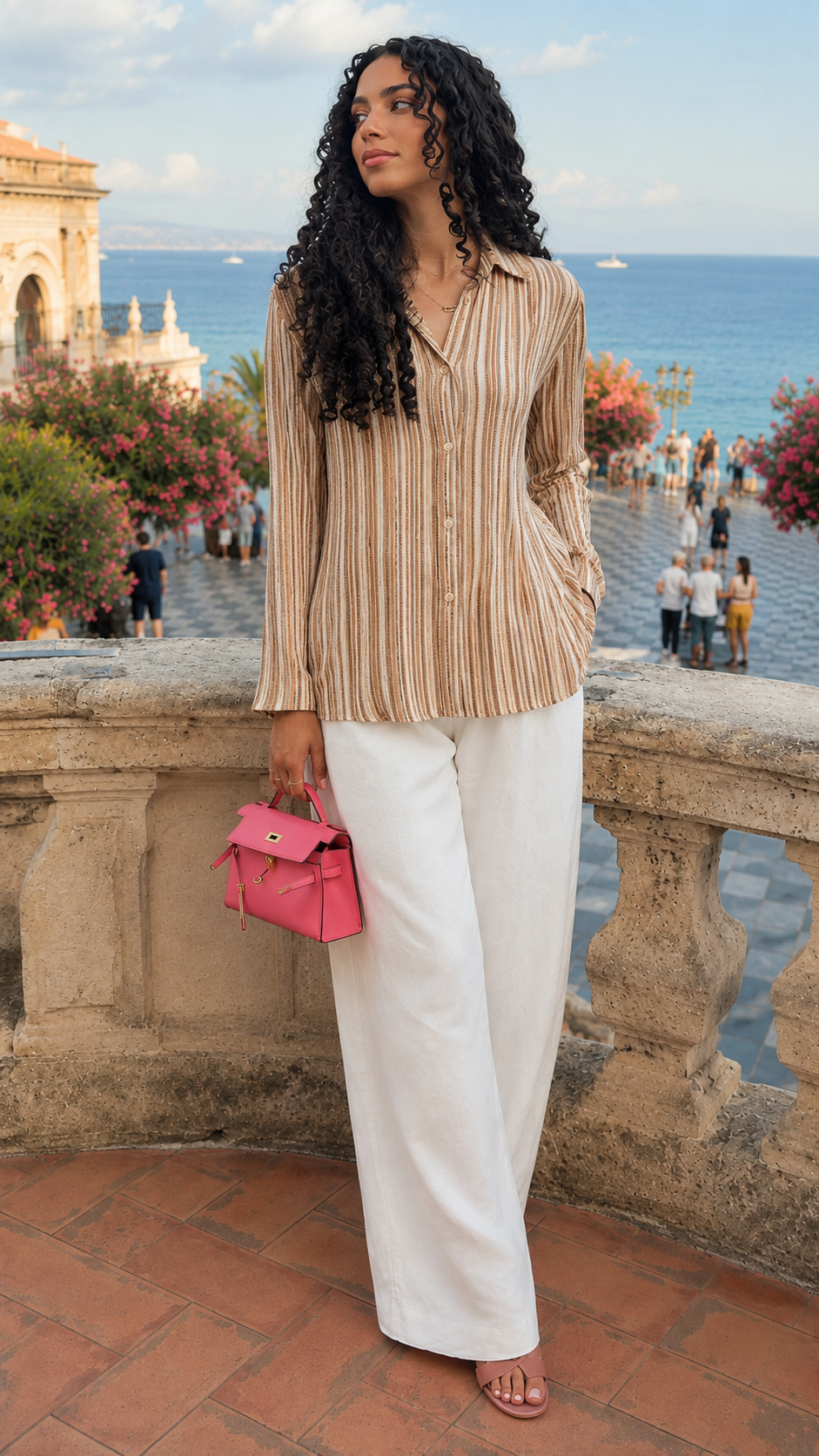 Front view of beige pleated stripe relaxed blouse with long sleeves