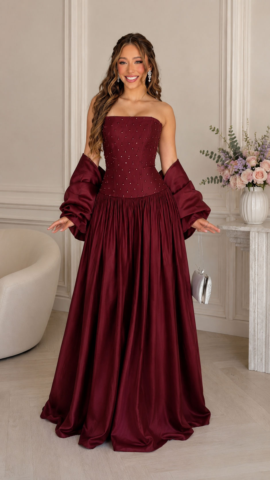 Front view of burgundy strapless beaded bodice maxi gown with matching shawl