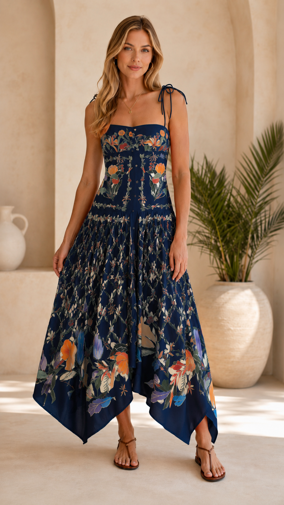 Front view of navy floral tie-shoulder handkerchief hem maxi dress